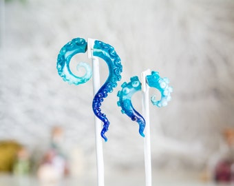 Ocean Blue - Resin Tentacle/Octopus fake gauge earrings, Mermaid Earrings, Pirate Costume, Siren Jewelry, Octopus Earrings,Diver gift
