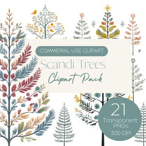 Pacchetto Clipart Alberi Scandinavi / Design Minimalisti Scandinavi di Alberi di Natale / Arte Festiva Nordica / Yule / PNG Festivo Moderno / Uso Commerciale