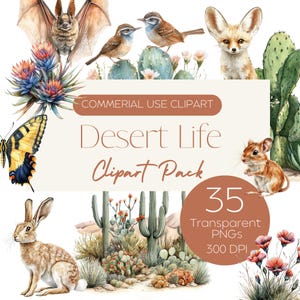 Pakiet clipartów „Desert Life Elements” | Styl boho południowo-zachodni | Zwierzęta Rośliny Kaktusy Krajobraz | 35 obrazów PNG | 300 DPI | Użycie komercyjne