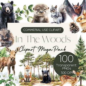 Pack de cliparts Woodland Life | Feuillage pour bébés animaux | Forêt Bois Arbres | 109 images PNG | 300 ppp | Utilisation commerciale
