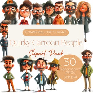Quirky Cartoon People Clipart Pack | Peculiar People Caricature | Funky Character for Fun Projects | 30 PNG Image | 300 DPI | Commercial Use