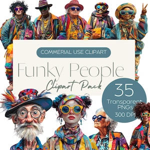 Pakiet clipartów Funky People | Grafiki w stylu boho z festiwalu muzycznego | 35 obrazów PNG | 300 DPI | Użycie komercyjne |