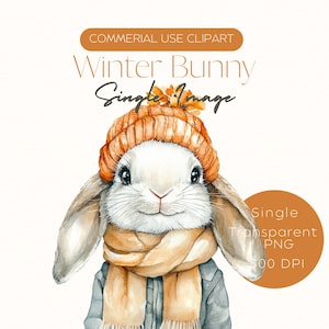 Winterkonijn | Schattige vakantie konijn clipart | Schattig konijntje in oranje mutssjaal | Winterweerdier | Knus dier | Commercieel gebruik