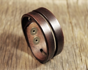 Handmade Double Leather Bracelet: Tuscan Bull Leather, Aged Finish