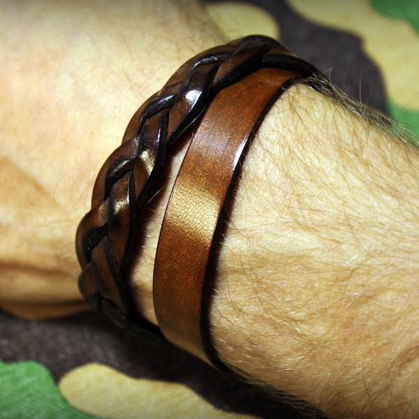 Double Bracelet, Unisex Leather Bracelet, , Mens Bracelet, Womens Bracelet, Handmade Leather Bracelet, Leather Braided Bracelet, Art.BRU042