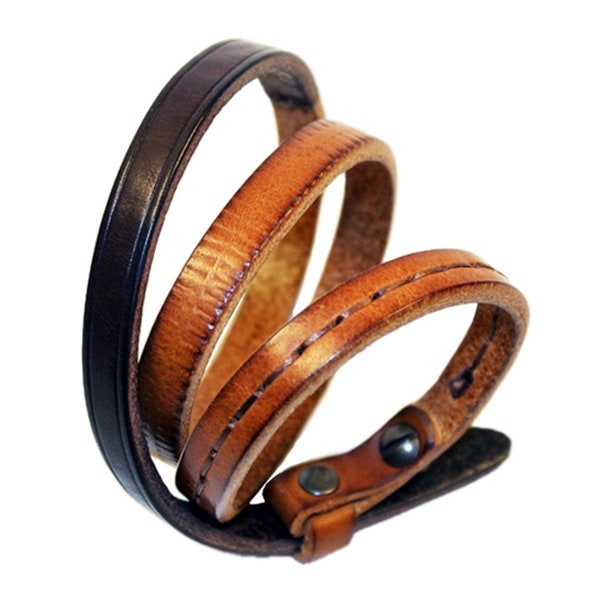Triple wrap artisanal leather bracelet handmade with organic Italian bull hide - Art.BRU035
