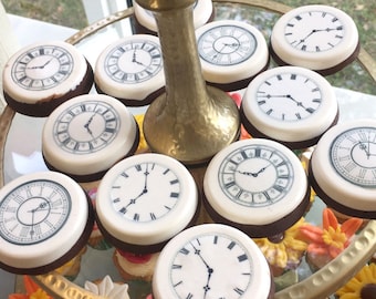 Edible Clock Faces Wafer Rice Paper Wedding Cake Decoration Steampunk Cupcake Cookie Topper Mad Hatter Alice Wonderland Tea Party Watch