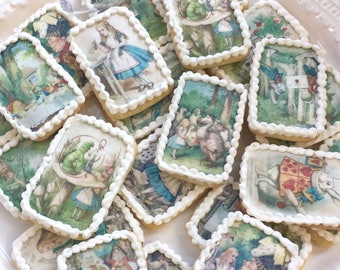 Edible Alice in Wonderland Wafer Rice Paper Wedding Cake Decorations Tea Party Biscuits Cookie Topper Birthday Mad Hatter Cupcake Favour RTD