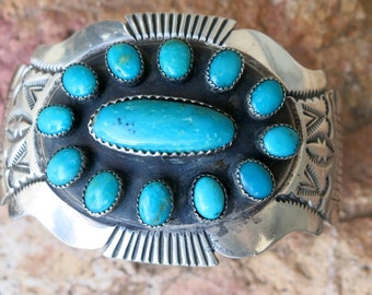 VINTAGE NAVAJO BRACELET by James Shay, 78 Grams, Turquoise, Signed & Stamped "Sterling"