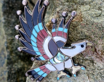 ZUNI TURQUOISE EAGLE Pendant, Coral and Jet Inlay, Signed & Stamped " Sterling"