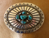 VINTAGE NAVAJO BUCKLE, Turquoise, Hand stamped, 44 Grams, Sterling Silver