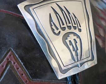 BIG Old HOPI BOLO Bear Paw, Solid Sterling Silver, Leather 41 Grams, Signed