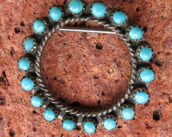 VINTAGE ZUNI BROOCH, Turquoise Petit Point, Sterling