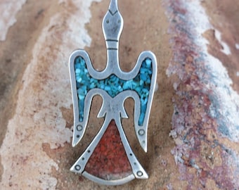 VINTAGE NAVAJO BIRD Bird Ring, Turquoise & Coral Inlay, Sterling Silver, circa 1970's