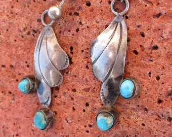 Navajo Turquoise Fan Dangles, Handmade, Vintage, Sterling Silver, Posts