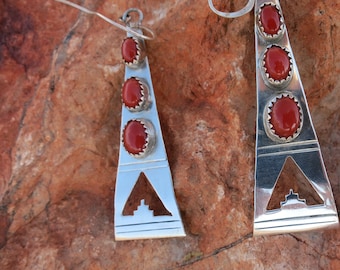 ZUNI CORAL DANGLES, Signed, Sterling Silver