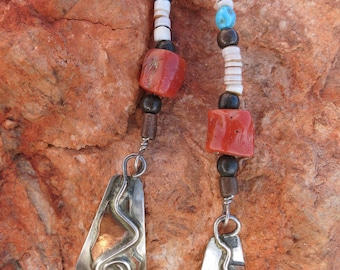 Vintage Native Dangles Earrings, Turquoise & Coral, Sterling