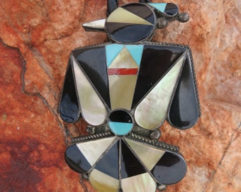 VINTAGE ZUNI BOLO Tie, Thunderbird Inlay, Signed, Sterling Silver