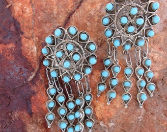 GORGEOUS ZUNI CHANDELIER Earrings, Turquoise Petit Point, Sterling