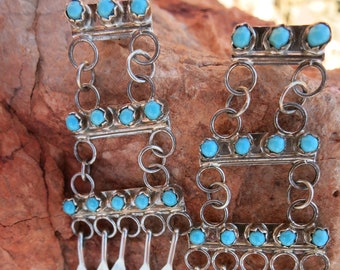 VINTAGE ZUNI CHANDELIER Earrings, Turquoise Petit Point, Signed, Sterling