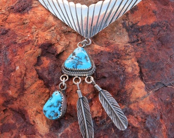NAVAJO TURQUOISE NECKLACE, Feather Dangles, Sterling Silver