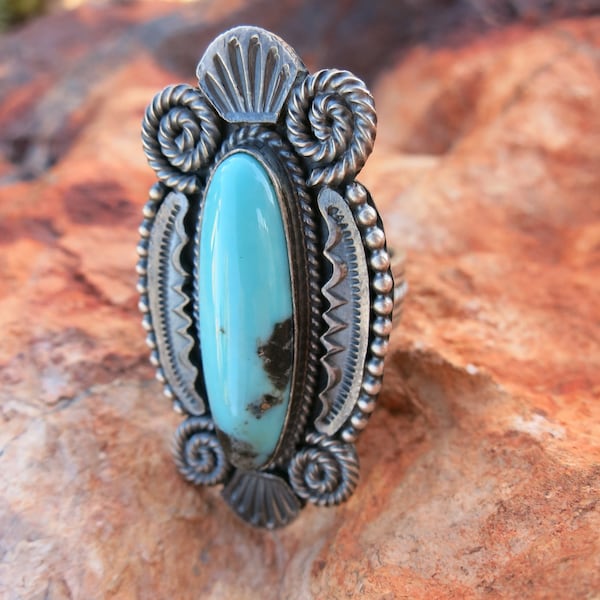 NAVAJO TURQUOISE RING, Sz 7, Signed and Sterling