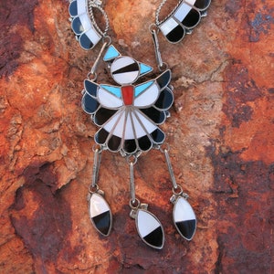 VINTAGE ZUNI INLAY Necklace, Signed, Sterling, Ca 1960