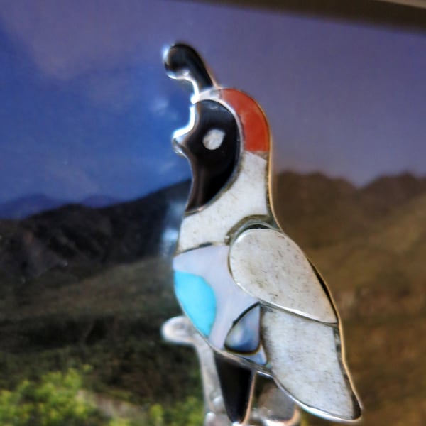 Vintage ZUNI QUAIL Brooch/Pendant, Turquoise, Coral & Onyx Inlay, Sterling Silver