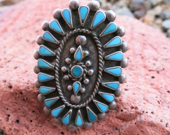 ULTRA FINE TURQUOISE Ring, Zuni, Dishta Petit Point, Sz 7 3/4, Sterling, Ca 1950's