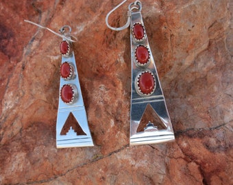 ZUNI CORAL DANGLES, Signed, Sterling Silver