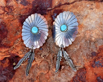 VINTAGE NAVAJO CONCHO Turquoise Earrings, Feather Dangles, Sterling