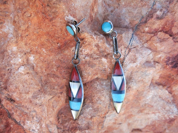 ZUNI INLAY DANGLE Earrings, Turquoise, Coral & On… - image 3