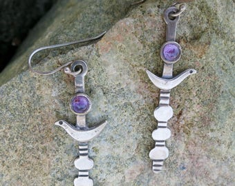 Vintage Navajo Dangle Earring, Amethyst & Doves, Signed, Stamped Sterling