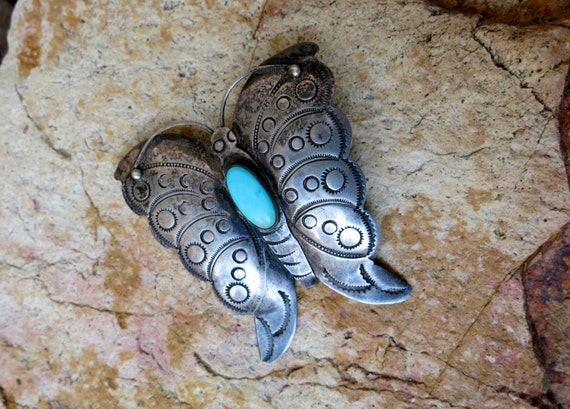 HUGE OLD NAVAJO Butterfly Brooch, Turquoise Caboc… - image 5