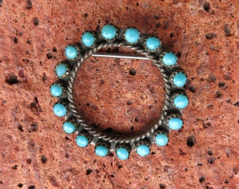VINTAGE ZUNI BROOCH, Turquoise Petit Point, Sterling