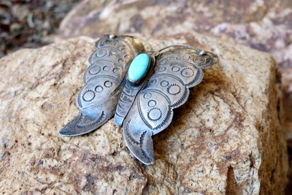 HUGE OLD NAVAJO Butterfly Brooch, Turquoise Caboc… - image 4