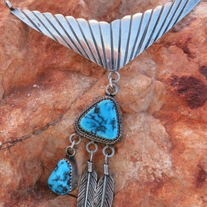 NAVAJO TURQUOISE NECKLACE, Feather Dangles, Sterling Silver