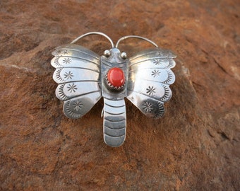 VINTAGE NAVAJO BUTTERFLY, Coral, Sterling Silver, Signed