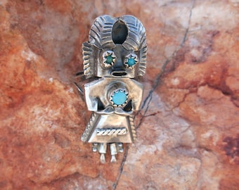 OLD KACHINA RING, Turquoise, Sterling, Sz 7 1/2