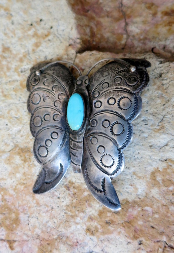 HUGE OLD NAVAJO Butterfly Brooch, Turquoise Caboc… - image 3