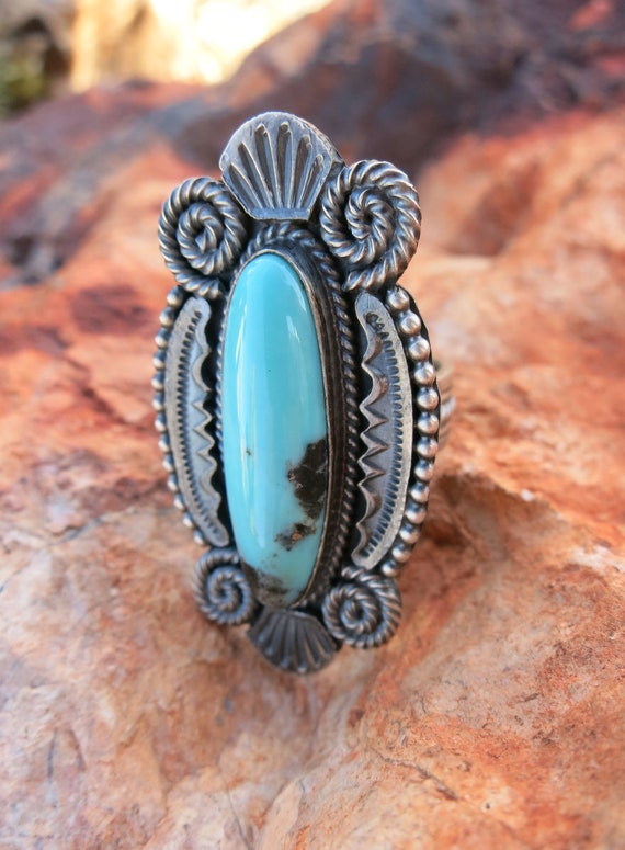 NAVAJO TURQUOISE RING, Sz 7, Signed and Sterling - image 3