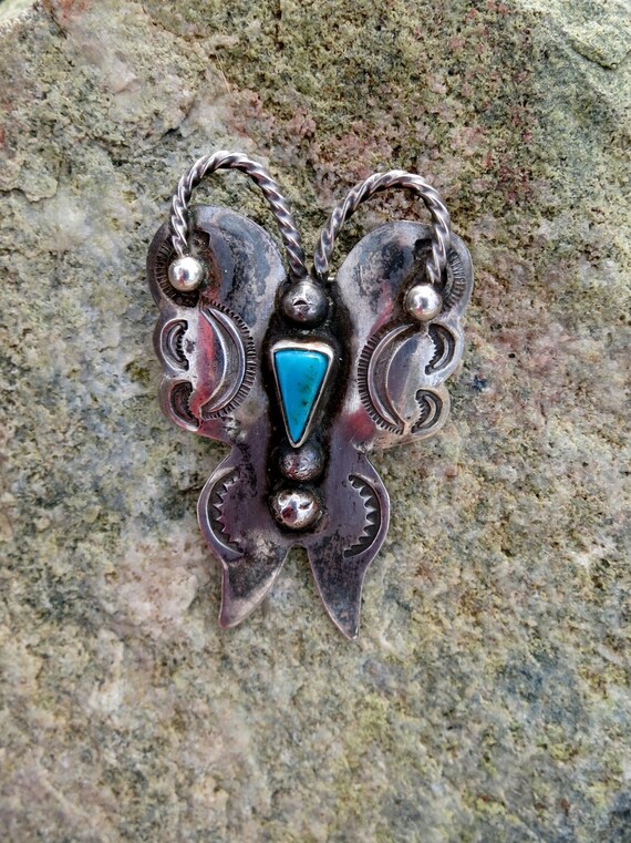 Vintage Navajo Butterfly Brooch Turquoise, Sterli… - image 2