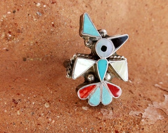 ZUNI BIRD RING, Inlay, Size 6 1/2, Sterling Silver. Ca 1950-60