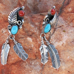 NAVAJO TURQUOISE & CORAL Dangles, Handmade, Signed, Sterling