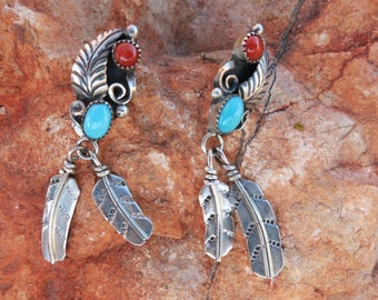 NAVAJO TURQUOISE & CORAL Dangles, Handmade, Signed, Sterling