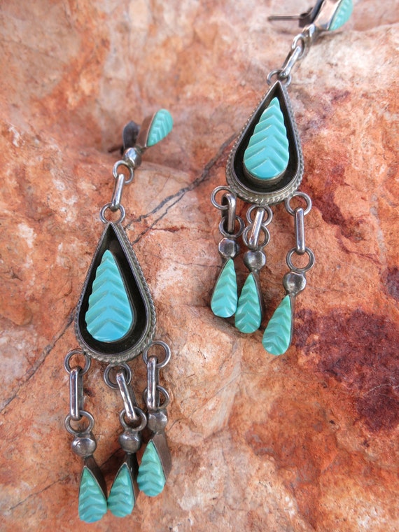VINTAGE ZUNI CHANDELIER Earrings Carved Turquoise Sterling Etsy