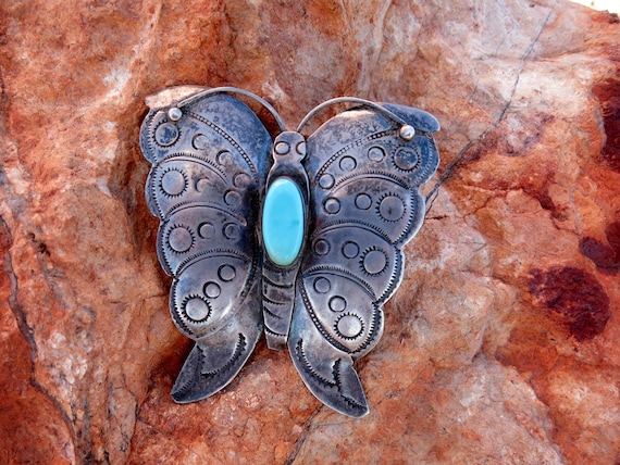 HUGE OLD NAVAJO Butterfly Brooch, Turquoise Caboc… - image 1