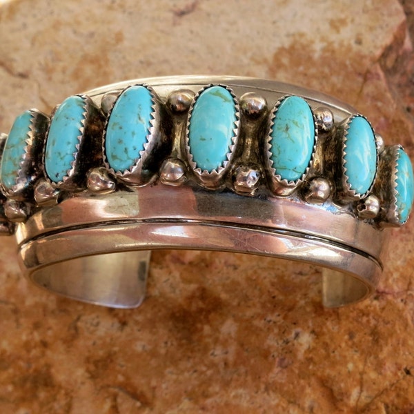 9 ROW TURQUOISE NAVAJO Bracelet, 85 Grams, Signed, P. Tsosie & "Sterling"