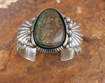 CERRILLOS TURQUOISE BRACELET, Navajo, E Gruber, 86 Grams, Signed, Sterling