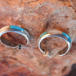 Zuni Inlay Turquoise & Mother of Pearl Hoop Earrings, Sterling